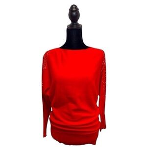 Questions Womens Sweater Red/Rhinestones Long Sleeve/Fitted Size-Medium EUC